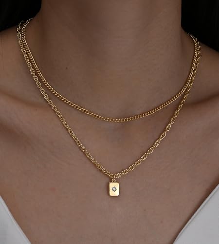 YEEZII Layered Gold Necklaces for Women Trendy, 3 Pcs 14K Gold Plated Choker Paperclip Box Chain Necklace, Stackable Women's Gold Pendant Necklaces Jewelry Set - color: Yellow Gold