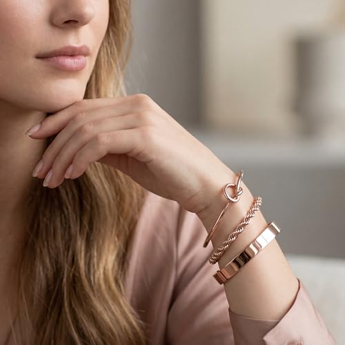 925 Sterling Silver Bracelets for Women Stack, Trendy Tennis Bangle Cuff Jewelry Set 14K Gold Plated, Adjustable Bracelet Set for Wrist Essentials, Women Fashion Watch Band Acecessories - style: Bracelet_3pcs(RoseGold Bangle Set)