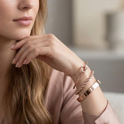 925 Sterling Silver Bracelets for Women Stack, Trendy Tennis Bangle Cuff Jewelry Set 14K Gold Plated, Adjustable Bracelet Set for Wrist Essentials, Women Fashion Watch Band Acecessories - style: Bracelet_3pcs(RoseGold Bangle Set)