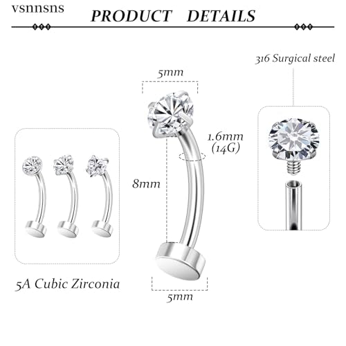 Vsnnsns 14G Floating Belly Button Ring Piercing Jewelry 316L Stainless Surgical Steel Round Heart Cubic Zirconia Navel Rings Belly Button Ring Piercing Jewelry for Women 14 Gauge Hypoallergenic - color: Silver-8MM Bar-Clear CZ