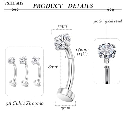 Vsnnsns 14G Floating Belly Button Ring Piercing Jewelry 316L Stainless Surgical Steel Round Heart Cubic Zirconia Navel Rings Belly Button Ring Piercing Jewelry for Women 14 Gauge Hypoallergenic - color: Silver-8MM Bar-Clear CZ