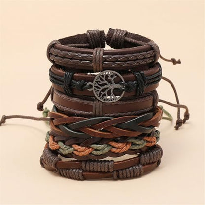 Leather Cuff Bracelet for Men Women, Multilayer Braided Wristband, Adjustable 6.5-9.5 Inches Wrap Bracelets Punk Gothic Grunge - color: Life Tree - 6Pcs