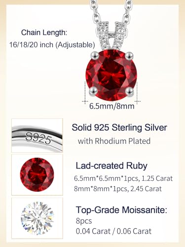 CYW Genuine Sapphire/Emerald/Ruby/Moissanite Necklace for Women, Really Authentic Solid 925 Sterling Silver, 16"/18"/20" Adjustable Chain, Anniversary Mother's Day Valentines Gift - color: Ruby - Round - White Gold, size: 8mm