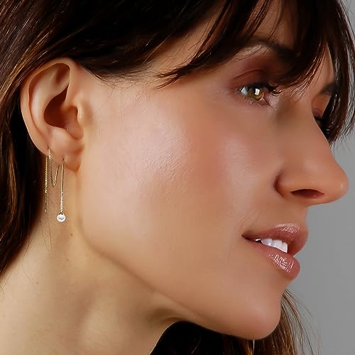 Threader Pearl Earrings for Women - Long Dangle with Simulated Pearls | Plated in Gold Tone or Silver Tone - color: Single Simulated Pearl - 14K Gold Plated