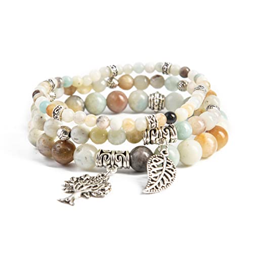 YGLINE Tree of Life Yoga Healing Stone Bracelets,Multilayer Lotus Chakra Stone Reiki Bracelet Sets,Anxiety Crystal Natural Stone,for Women Stress Relief - color: Amazonite-3w