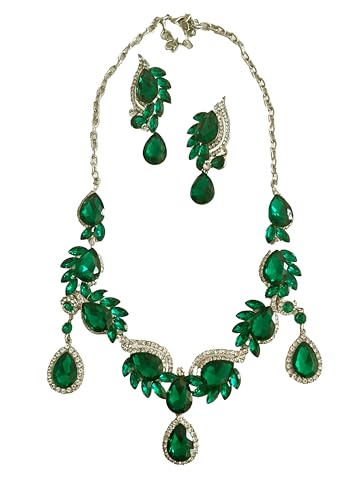 Secret for Longevity Silver Tone Antique Art Deco Vintage Retro Style Flapper Gatsby Dark Green Hunter Emerald Rhinestone Statement Wedding Bridal Prom Necklace Earring Set