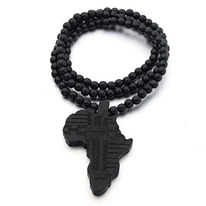 COLORFUL BLING Multicolor 8MM Wooden Bead Chain African Hip-hop Africa Map Pendant Necklace for Men Boys Natural Wood Jewelry - color: set black