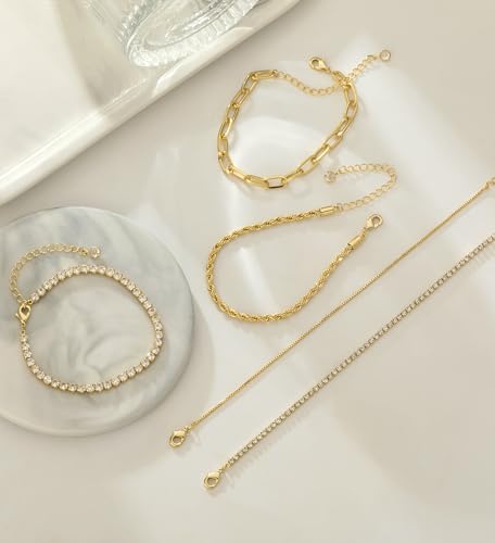 Gold Bracelets for Women 14K Gold Plated Stack Trend Bracelets Charm Paperclip Chain Cuban Link Layered Waterproof Bracelet Dainty Bracelet for Women Jewelry Gifts - color: Gold 5Pcs