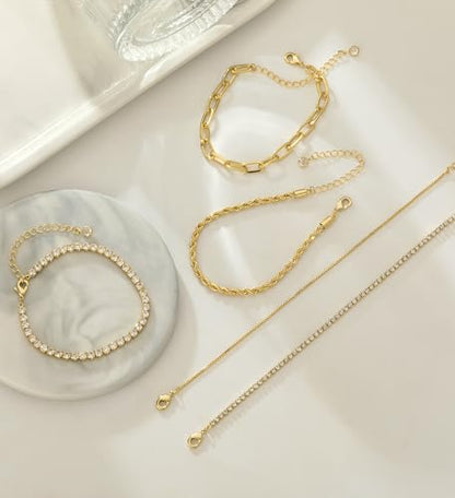 Gold Bracelets for Women 14K Gold Plated Stack Trend Bracelets Charm Paperclip Chain Cuban Link Layered Waterproof Bracelet Dainty Bracelet for Women Jewelry Gifts - color: Gold 5Pcs