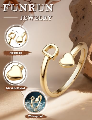 FUNRUN JEWELRY Gold Initial Ring for Women Non Tarnish 14K Gold Plated | Adjustable Letter Rings A-Z Dainty Heart Alphabet Stackable Band Rings Trendy Capital Letter Pinky Knuckle Thumb Ring - style: D Initial Ring
