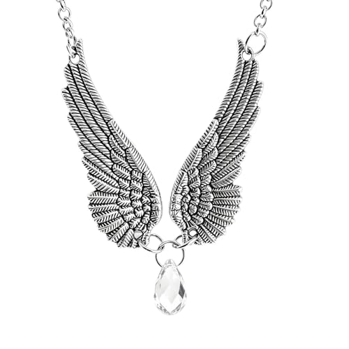 coadipress Vintage Gothic Angel Wing Necklace for Women Antique Silver Teardrop Crystal Pendant Necklace Retro Punk Statement Necklace Halloween Jewelry Gift - color: Silver Clear Teardrop