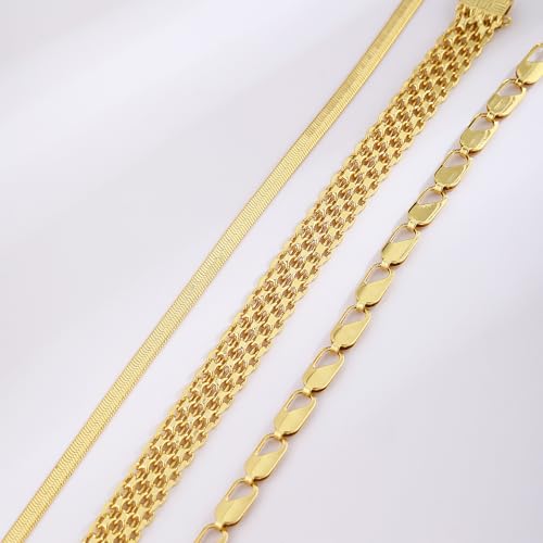 Gold/Silver Bracelets for Women,14K Real Gold Plated Bracelets Stack Trendy Jewelry Sets Stackable Snake Chain Figaro Paperclip Link Chain Adjustable Bracelet Pack Jewelry for Women - style: 3PCS-GD