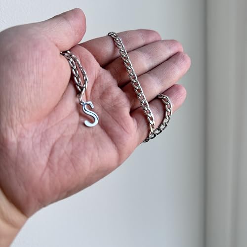Stainless Steel Initial A-Z Necklace for Men Women,Cuban Chain,Titanium Steel Initial Letter Pendant Charm Necklaces Accessories Jewelry for Woman Man,21 Inch Chain - color: S