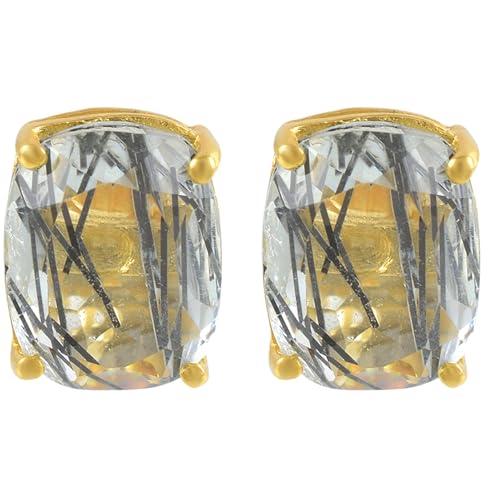 Women's 18K Gold Plated 8x10mm Princess Cut Gemstone Stud Earrings – Birthstone Jewelry for Her – Classic Cushion Studs - color: Black Rutile