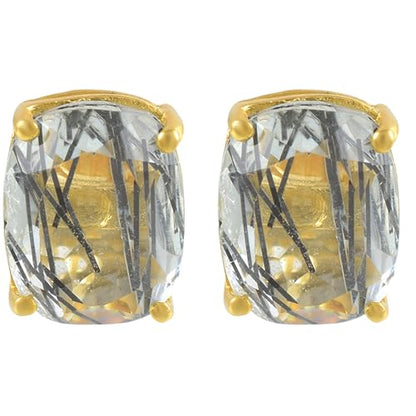 Women's 18K Gold Plated 8x10mm Princess Cut Gemstone Stud Earrings – Birthstone Jewelry for Her – Classic Cushion Studs - color: Black Rutile