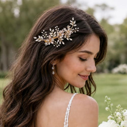SWEETV Wedding Hair Clip for Brides Comb Bridal Hair Accessories Headpiece | Gold Handmade Flower Pearl Hair Comb Rhinestone Leaf Bridal Headpiece, Crystal Wedding Hair Pieces Brides Bridesmaids Women - color: Rose Gold