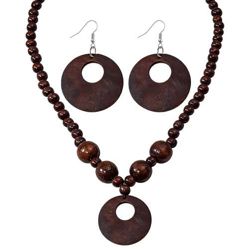 KaFu Handmade Bohemian Wooden Round Beaded Choker Necklace Earrings Set for Women Vintage Multicolor Wood Beads Chunky Geometric Ethnic Sweater Necklaces Statement Jewelry Gifts - color: dark brown