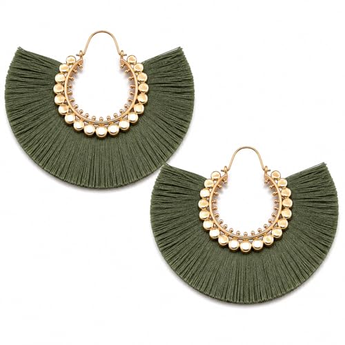 Tassel Hoop Earring Statement Thread Dangle Earrings Stylish Long Fringe Drop Earrings Lightweight Long Swingy French Hook Earrings for Women - color: C Army green