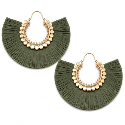 Tassel Hoop Earring Statement Thread Dangle Earrings Stylish Long Fringe Drop Earrings Lightweight Long Swingy French Hook Earrings for Women - color: C Army green