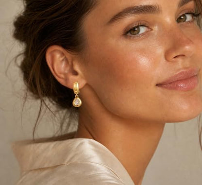 Gold Chunky Dangle Earrings for Women, Bezel Set Cubic Zirconia Charm | 14K Gold Silver Plated, Statement Huggie Hoops Drop Earrings, Trendy Jewelry Gifts, High Grade CZ, Hypoallergenic Lightweight - color: GD-Teardrop CZ Hoop