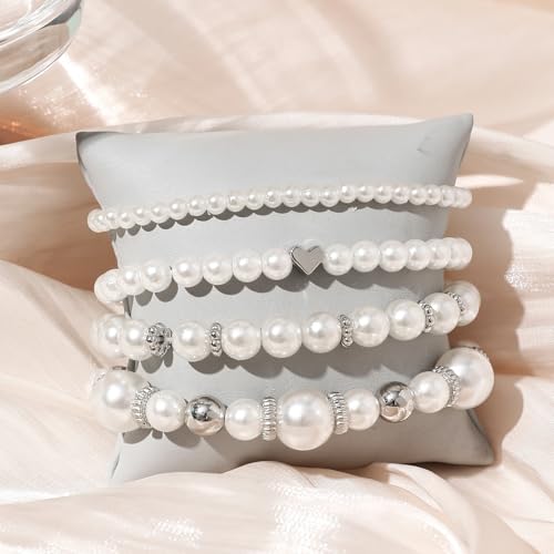 Pearl Bracelets for Women Simulated Pearl Beaded Bracelet White Pearls Stackable Stretch Bracelet Set Multilayered Elastic Pearls Bracelets for Women Bridesmaid Bridal Jewelry - color: silver