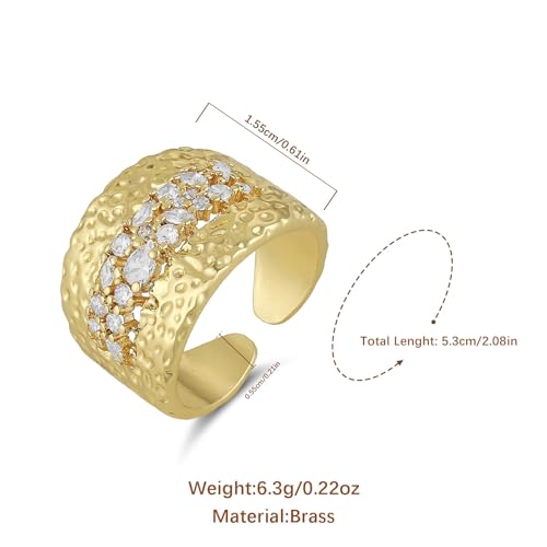 HZMAN 14K Gold Plated Open Ring for Women Brass Crystal Non Adjustable Statement Ring Collection - color: Hammered Brass