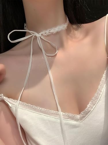 Bravace Lace Bow Choker Necklace for Women Adjustable Long Ribbon Tie Collar Elegant Black White Retro Lolita Gothic Party Neck Jewelry Romantic Lace Choker Daily Wear & Party Accessory Gift - color: White