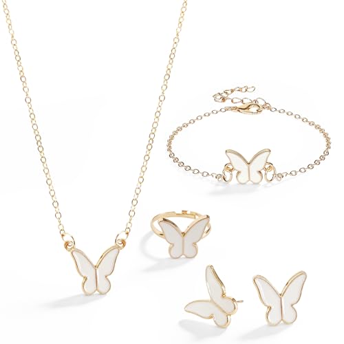 Butterfly Jewelry Set, Including Butterfly Necklace, Bracelet, Stud Earrings, and Adjustable Ring for Women - color: White