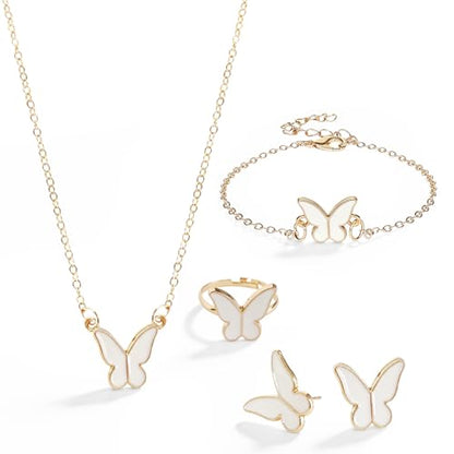 Butterfly Jewelry Set, Including Butterfly Necklace, Bracelet, Stud Earrings, and Adjustable Ring for Women - color: White