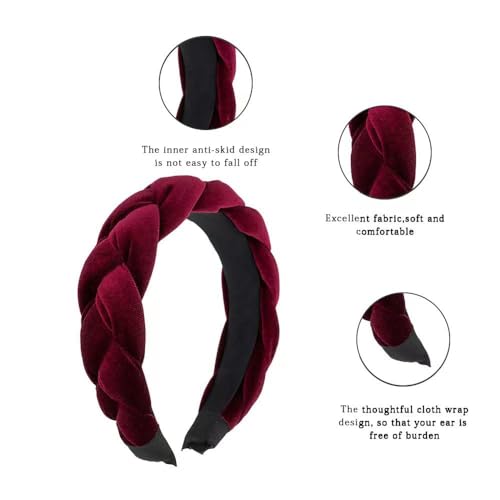 Red Velvet Braided Thick Headbands for Women | Cute Handmade Makeup Hair Band for Girls Thin Hair Skincare and Boho Spring Headband for Washing Face - color: Red Velvet Headbands