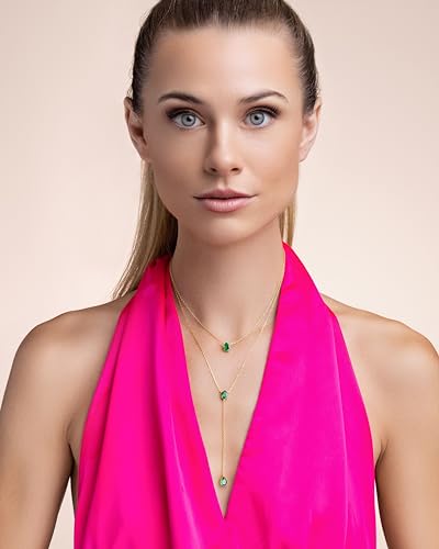 SNGIA Long 18K Gold Plated Blue Green Red Layered Pendant Necklace For Women (Emerald, Ruby, Seafoam, Sky, Sapphire, Pink), Dainty Birthstone Necklace, Statement Necklace Jewelry Gifts. - style: Emerald