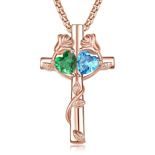 Rose Gold Cross Necklace with 2 Birthstones and Rose | Cross with Birthstone Necklace, Hypoallergenic, Adjustable Rolo Chain, Birthday Gifts, Catholic Christian Religious Jewelry - color: 05-12-May-Dec Birthstone