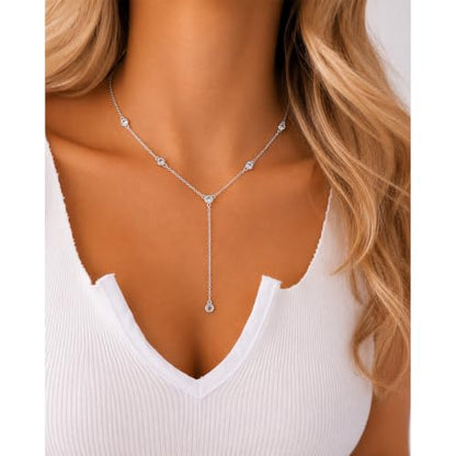 Lariat Necklace for Women, Dainty 14K Gold/Silver Plated Long Necklaces for Women Trendy Simple Layered Y-Shaped Pendant Necklace Adjustable Fashion Jewelry Gift - color: Silver, style: CZ Y Necklace