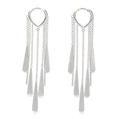 Silver Long Tassel Dangle Earrings for Women, Statement Silver Drop Hoop Earrings, Shiny Silver Dangle Earrings for Daily Wear, Parties & Special Occasions