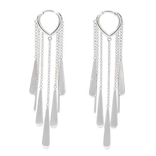 Silver Long Tassel Dangle Earrings for Women, Statement Silver Drop Hoop Earrings, Shiny Silver Dangle Earrings for Daily Wear, Parties & Special Occasions