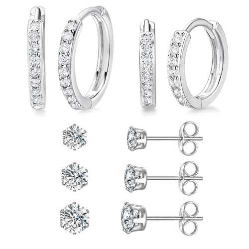 White Gold Earrings for Women Men Hoop and Stud Earring Set | Hypoallergenic 14K White Gold Plated Hoops Huggie Stud Earrings Set Round Cubic Zirconia Ear Jewelry - style: A3-White Gold-Hoop&6 Prong Round Stud (5 Pairs)