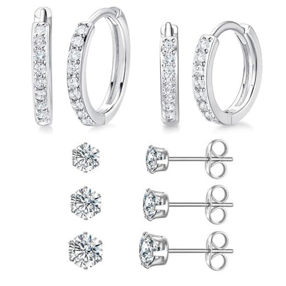White Gold Earrings for Women Men Hoop and Stud Earring Set | Hypoallergenic 14K White Gold Plated Hoops Huggie Stud Earrings Set Round Cubic Zirconia Ear Jewelry - style: A3-White Gold-Hoop&6 Prong Round Stud (5 Pairs)