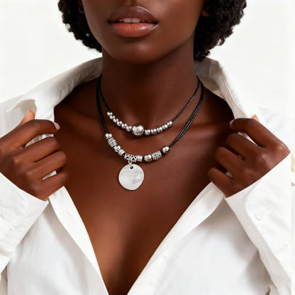 Slip Chain Necklace for Women Gothic Stainless Steel Bar Pendant Cuban Link Necklaces Adjustable Goth O Ring Long Necklaces Punk Rock Collar Choker Trendy Lariat Y Necklace - color: Disc