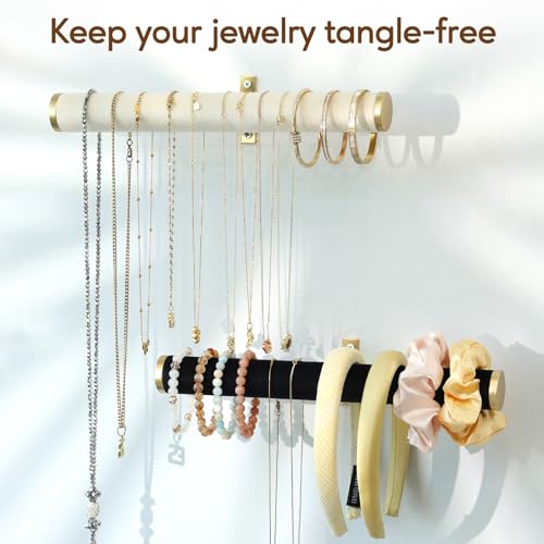 Velvet Necklace Holder Wall Jewelry Organizer, 12" Hanging Necklace Organizer, 2 Pack Wall Mounted Necklace Hanger for Bracelets Bangles Display,Black - color: Black