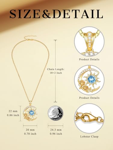 Midari 18K Yellow Gold Sun Moon Star Pendant Rose Flower Necklaces I Love You Forever Sun Moon Jewelry Gift for Mother Women - color: 03-Mar-Aquamarine, style: Sun&Moon