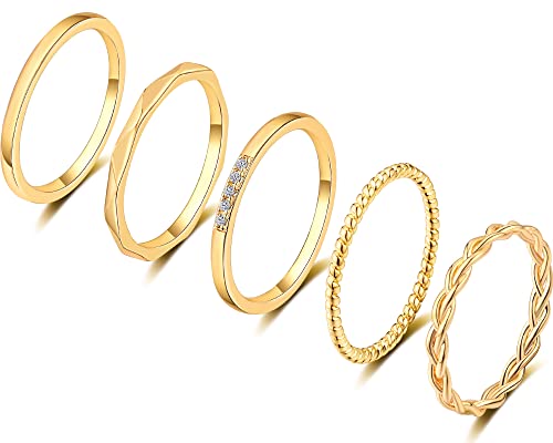ZOERAY 5 PCS 14K Gold Plated Gold Stacking Rings for Women Knuckle Rings Filled Fashion Plain Band Rings Thin Silver Comfort Fit Size 5 to 9 - color: Gold
