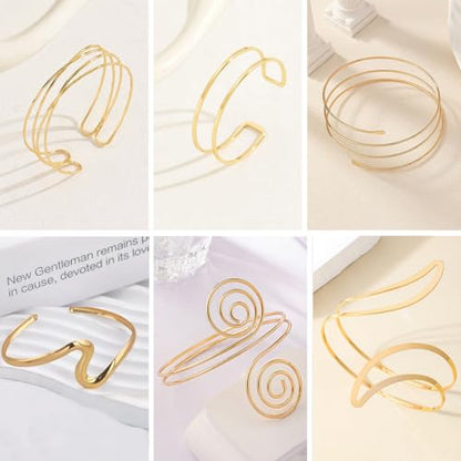 ItsStarred Minimalist Arm Cuff Gold Plated, Upper Arm Cuff Bangle Bracelet for Women, Adjustable Arm band Set 6 Pieces - color: A: 14K Gold Plated