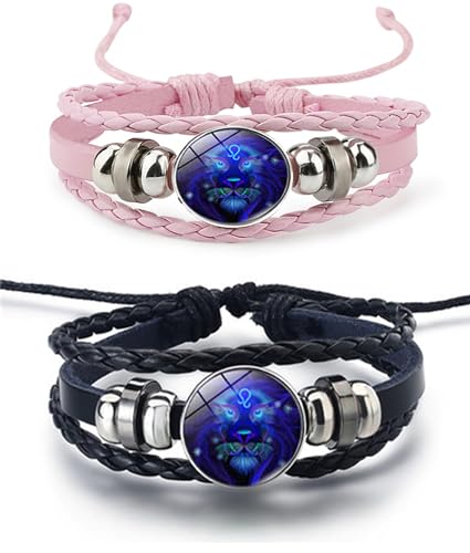 2Pcs Twelve Zodiac Leather Bracelet - Adjustable Zodiac Jewelry Accessory - color: Leo