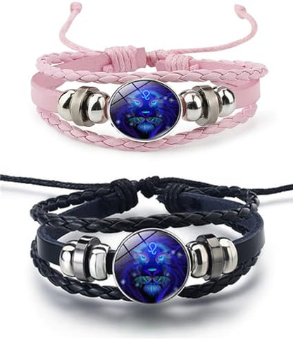 2Pcs Twelve Zodiac Leather Bracelet - Adjustable Zodiac Jewelry Accessory - color: Leo