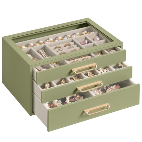 SONGMICS Jewelry Box with Glass Window, 3-Layer Organizer | Jewelry storage organizer with 3 drawers, Golden Handles, for Rings, Earrings, Bracelets, Gift Idea, Sage Green UJBC206CE01S - color: Sage Green, size: 3-Tier