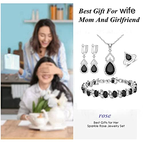LMXXVJ Women Jewelry Set Platinum Plated Necklace Open Ring Earrings Bracelet Set,Birthday/Anniversary Mother’s Day Jewelry Gifts for Mom/Wife/Sister/Best Friend - color: Black