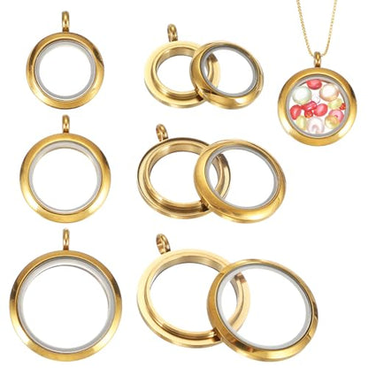 MECCANIXITY Living Memory Locket Charm, Round Floating Locket Pendants Stainless Steel Clear Glass Photo Charm - color: Gold, size: 12.7/18/23 mm