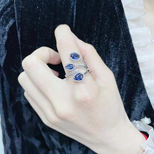 Kokoma Shiny Diamond Teardrop Open Statement Ring for Women Girls Rhinestone CZ Crystal Leaf Climber Wrap Finger Band Engagement Promise Rings Bands Fashion Jewelry Gifts for Mother's Day - color: Blue