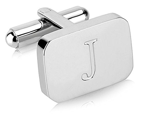 18K White-Gold Plated Initial Engraved Stainless Steel Men’s Cufflinks With Gift Box -Personalized Alphabet Letter’s A-Z By Lux & Pair - style: J- White Gold