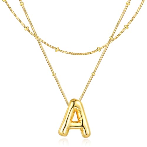 Bubble Letter Necklace for Women, 14k Gold Plated Initial Letter Pendant Necklace Personalized Jewelry A - Z 26 letters - style: Gold-A